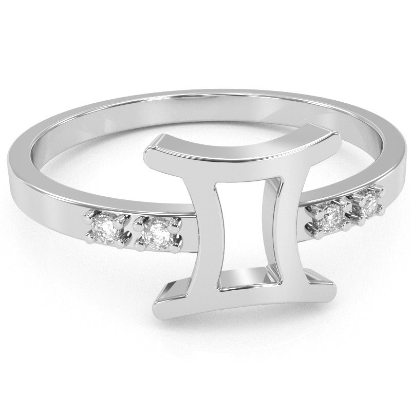 Gemini Zodiac Sign Diamond Ring In Solid 14k White Gold