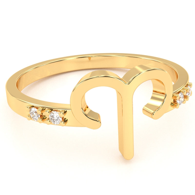 Aries Zodiac Sign Diamond Ring In Solid 14k Yellow Gold