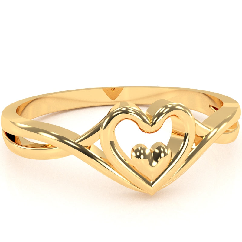 Twisted Heart-In-Heart Love Ring In Solid 14k Yellow Gold