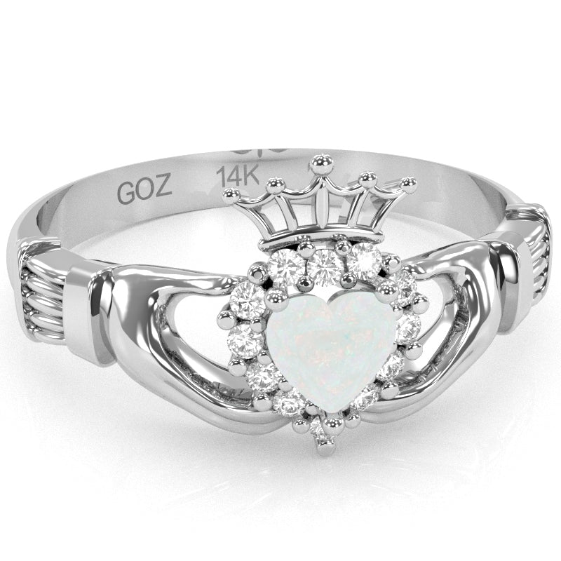 Claddagh Opal Diamond Ring In Solid 14k White Gold