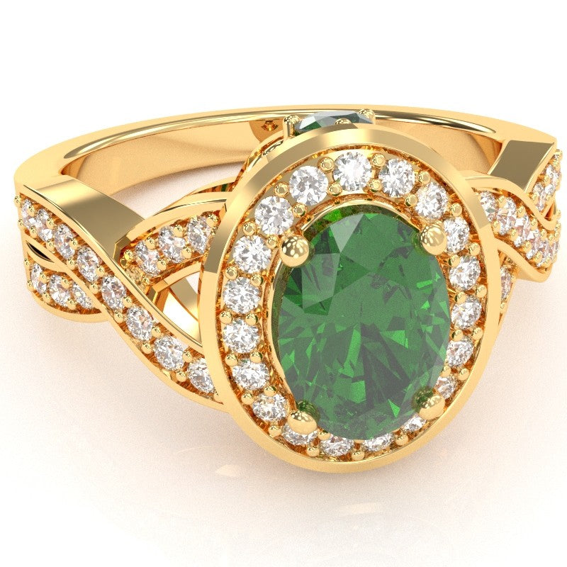 Three Stone Lab-Created Emerald Diamond Peekaboo Halo Engagement Ring In 14k Yellow Gold