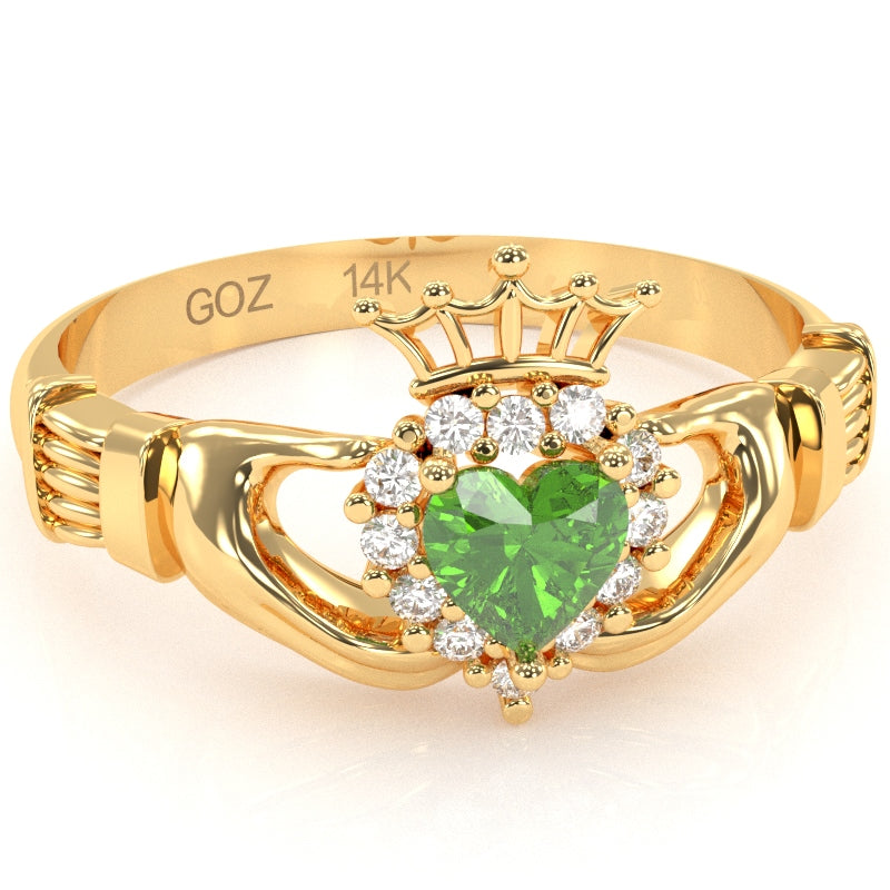 Claddagh Peridot Diamond Ring In Solid 14k Yellow Gold