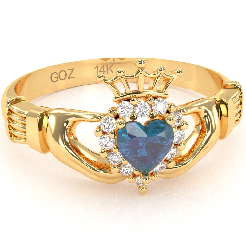 Claddagh Lab-Created Alexandrite Diamond Ring In Solid 14k Yellow Gold