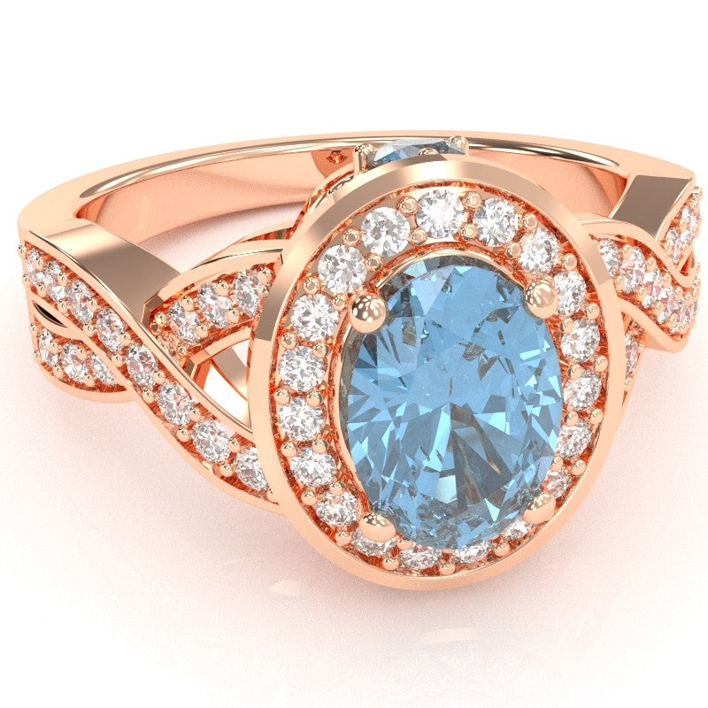 Three Stone Blue Topaz Diamond Peekaboo Halo Engagement Ring In 14k Rose Gold