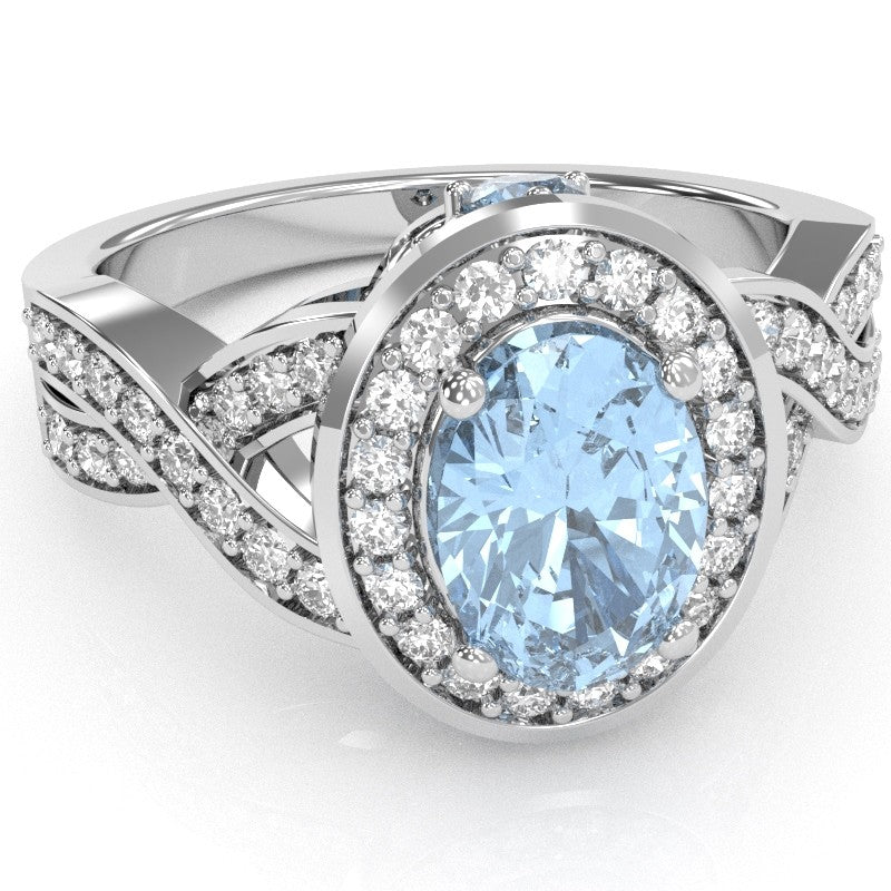 Three Stone Aquamarine Diamond Peekaboo Halo Engagement Ring In 14k White Gold