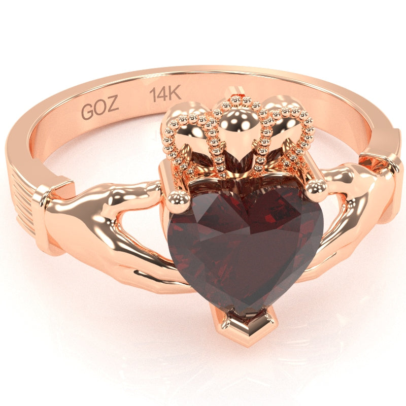 Claddagh Garnet Ring In Solid 14k Rose Gold