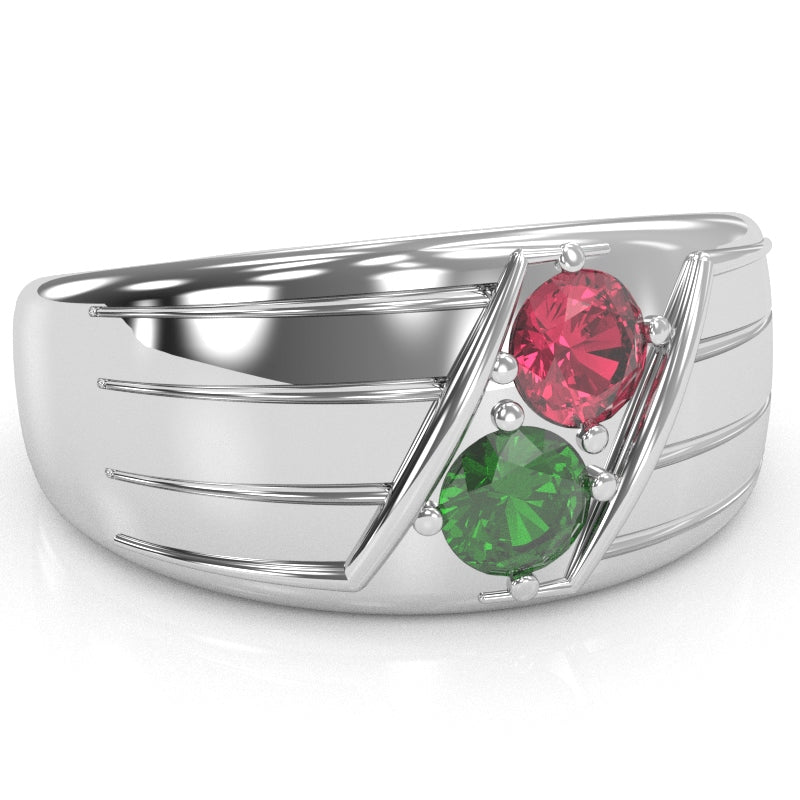 Men's Two Gemstone Birthstone Designer Ring In 14k White Gold