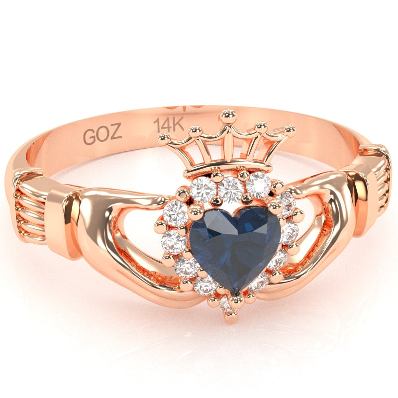 Claddagh Sapphire Diamond Ring In Solid 14k Rose Gold