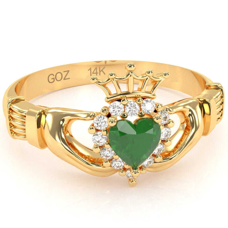 Claddagh Emerald Diamond Ring In Solid 14k Yellow Gold