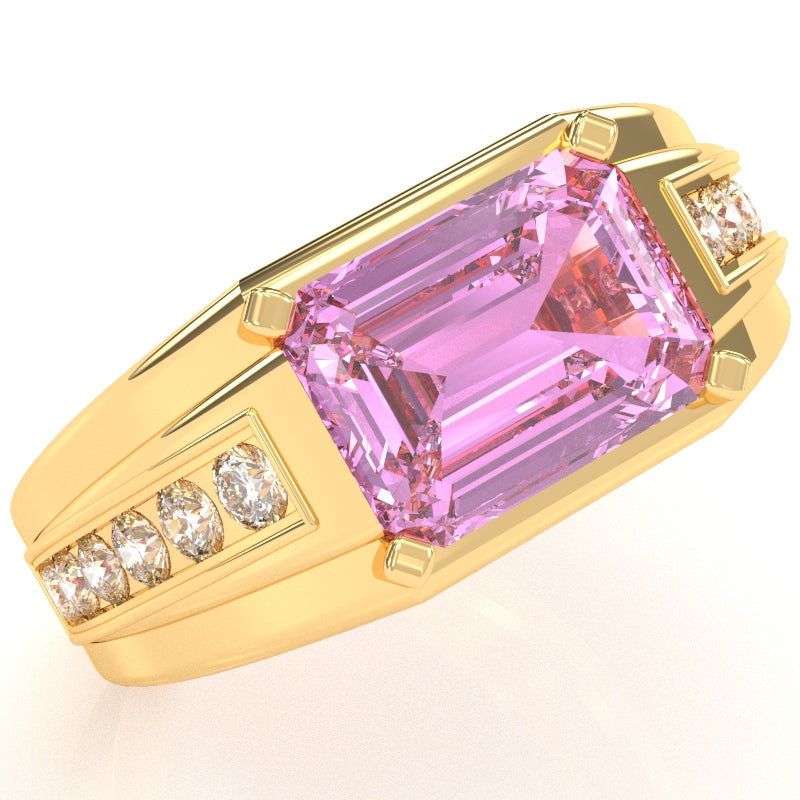 Men's Lab-Created Pink Sapphire Diamond Channel Ring In Solid 14k Yellow Gold