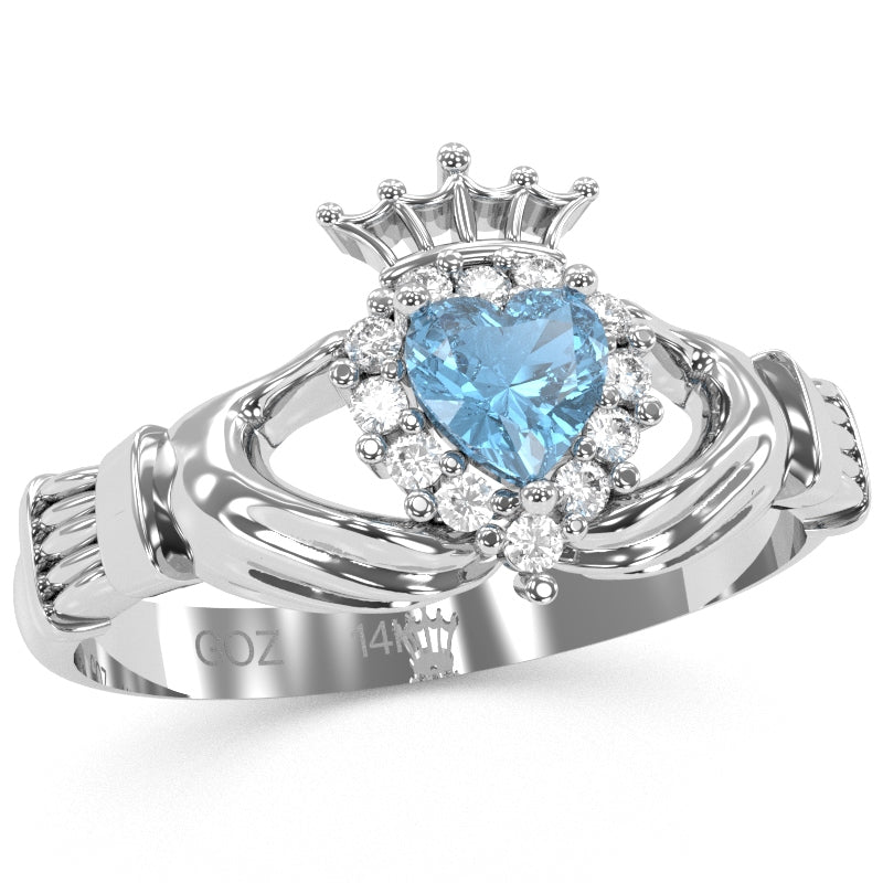 Claddagh Blue Topaz Diamond Ring In Solid 14k White Gold