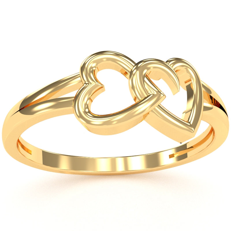 Double Heart Love Ring In Solid 14k Yellow Gold
