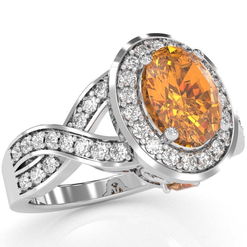 Three Stone Citrine Diamond Peekaboo Halo Engagement Ring In 14k White Gold