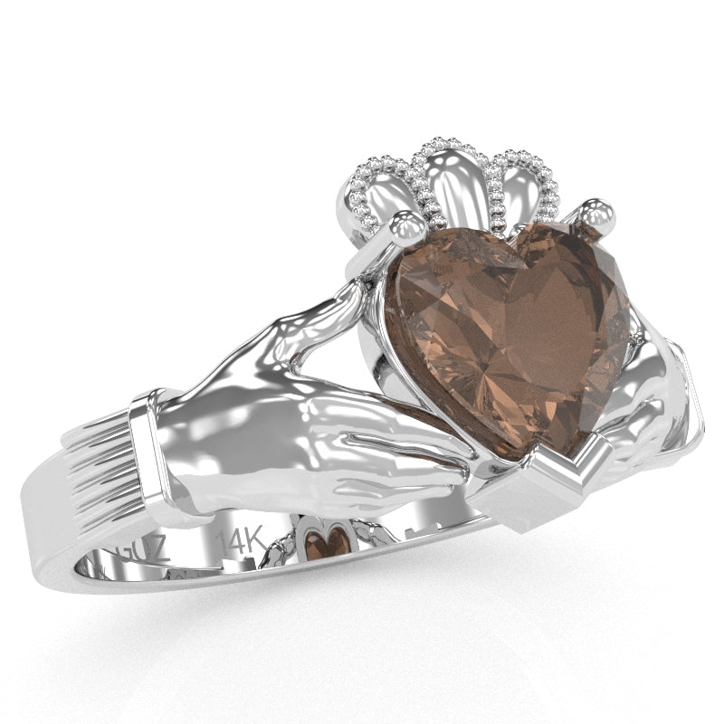 Claddagh Smoky Quartz Ring In Solid 14k White Gold