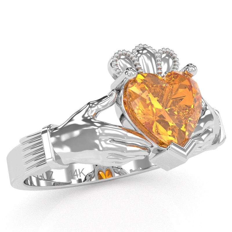 Claddagh Citrine Ring In Solid 14k White Gold
