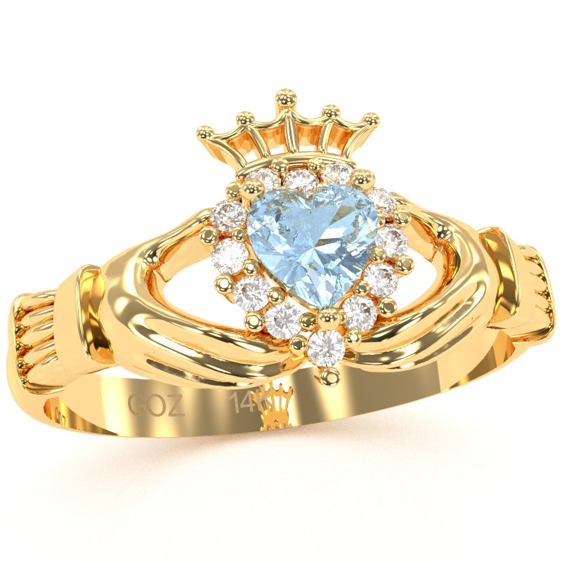 Claddagh Aquamarine Diamond Ring In Solid 14k Yellow Gold