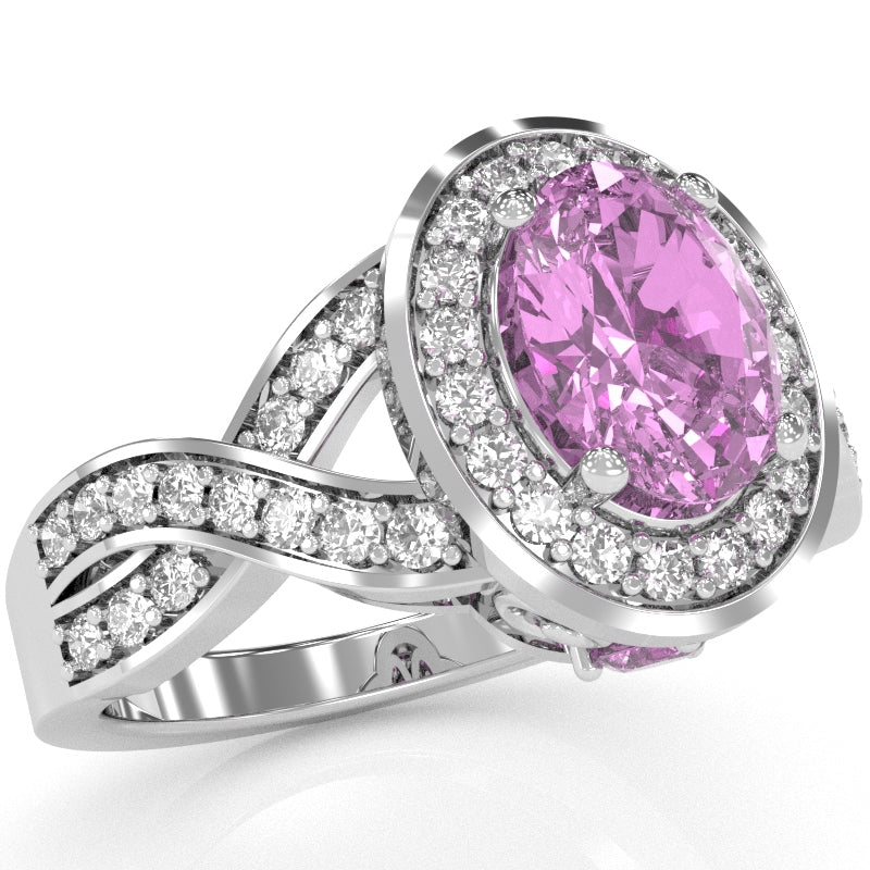 Three Stone Lab-Created Pink Sapphire Diamond Peekaboo Halo Engagement Ring In 14k White Gold