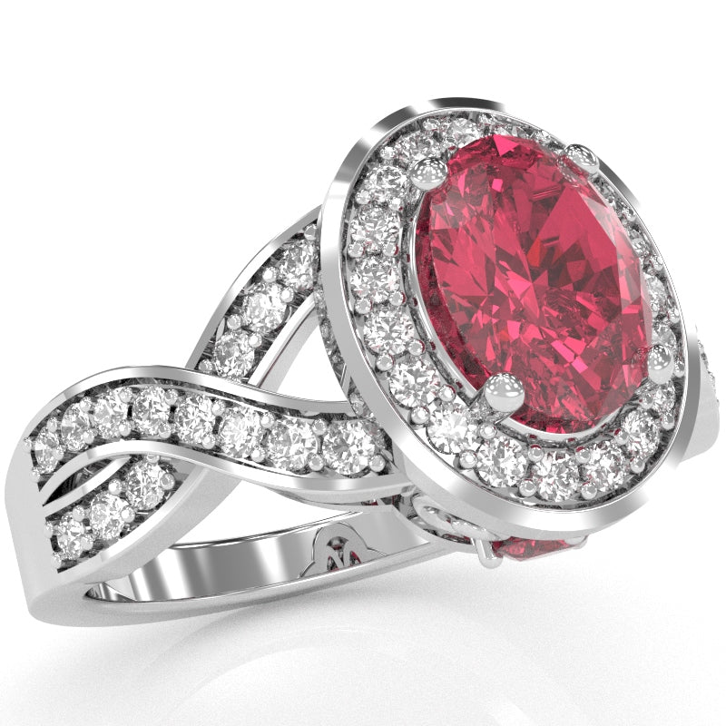Three Stone Pink Tourmaline Diamond Peekaboo Halo Engagement Ring In 14k White Gold