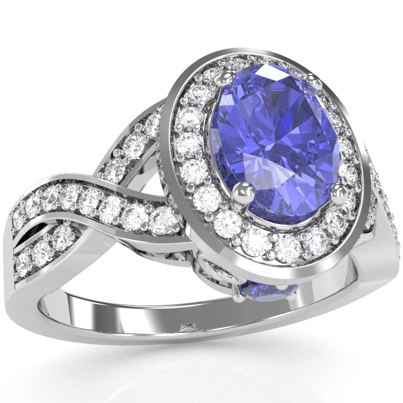 Three Stone Tanzanite Diamond Peekaboo Halo Engagement Ring In 14k White Gold