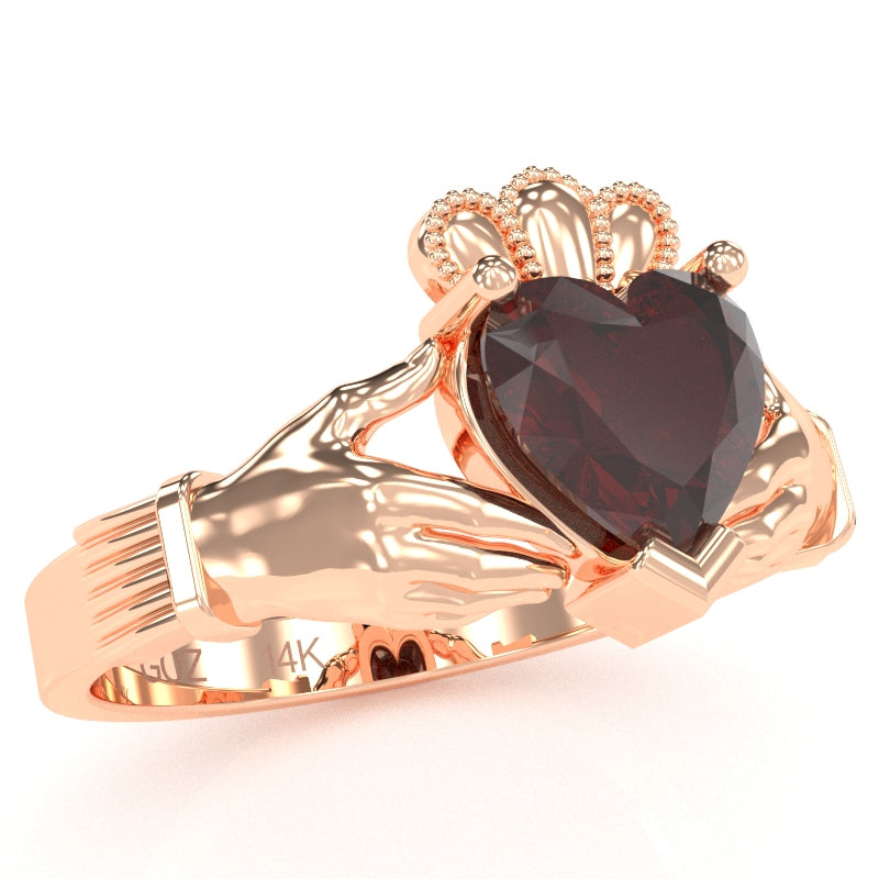 Claddagh Garnet Ring In Solid 14k Rose Gold