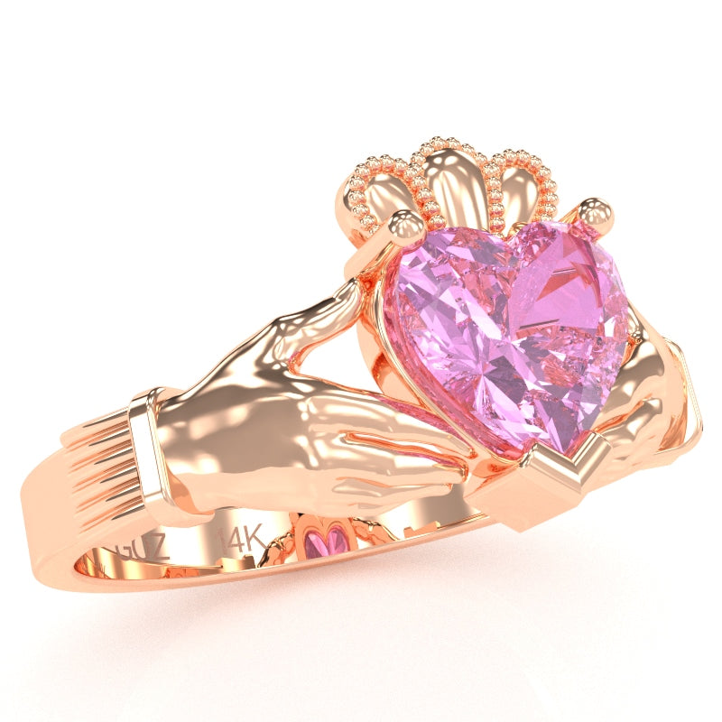 Claddagh Lab-Created Pink Sapphire Ring In Solid 14k Rose Gold