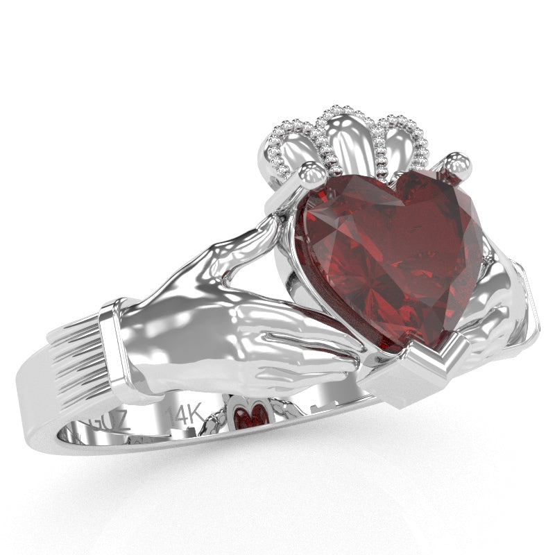 Claddagh Lab-Created Ruby Ring In Solid 14k White Gold