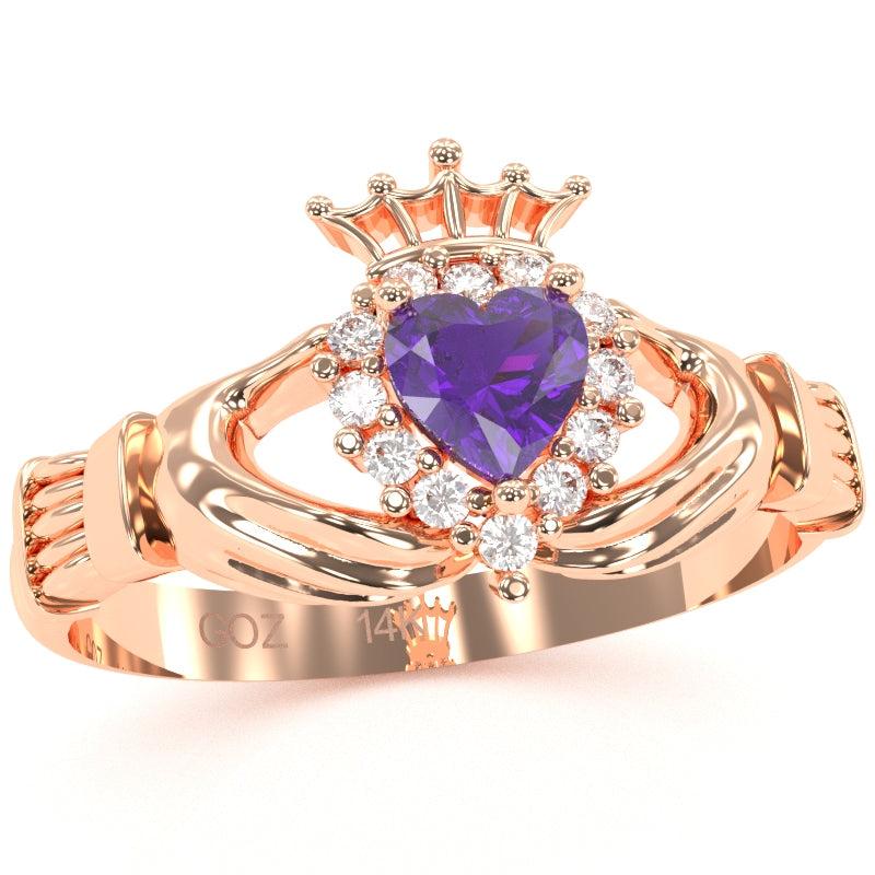 Claddagh Amethyst Diamond Ring In Solid 14k Rose Gold