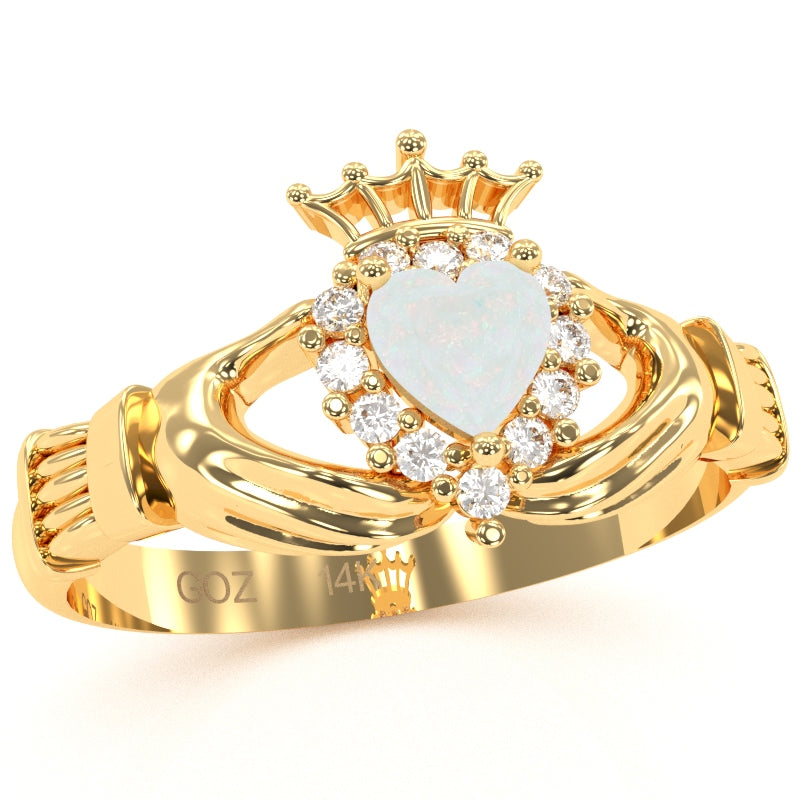 Claddagh Opal Diamond Ring In Solid 14k Yellow Gold