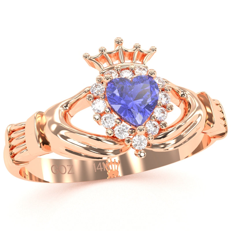Claddagh Tanzanite Diamond Ring In Solid 14k Rose Gold
