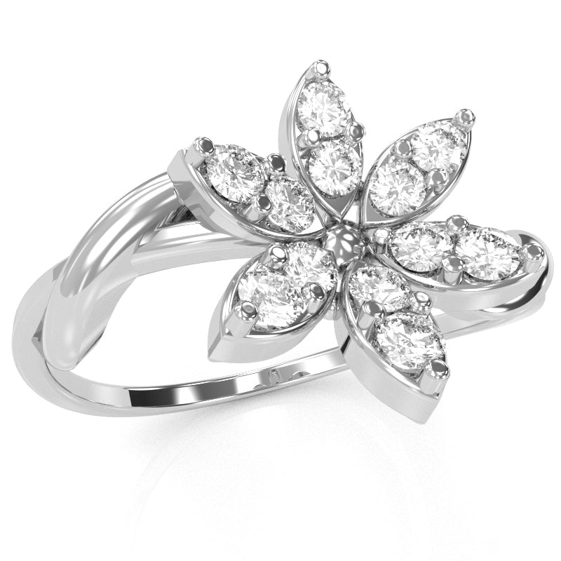 Twisted Vine Diamond Encrusted Flower Ring In 14k White Gold