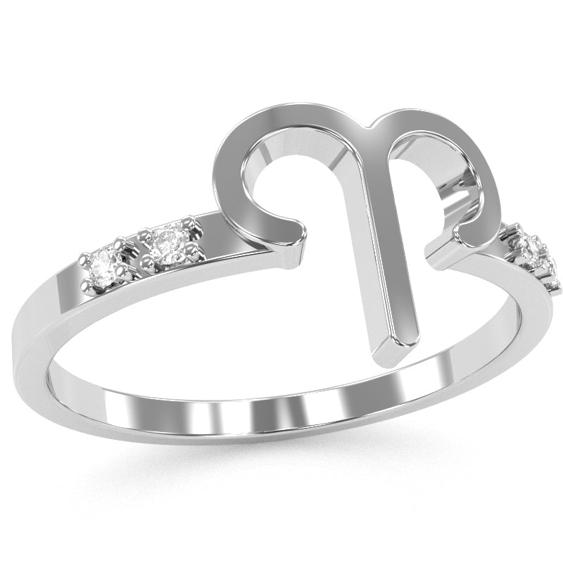 Aries Zodiac Sign Diamond Ring In Solid 14k White Gold