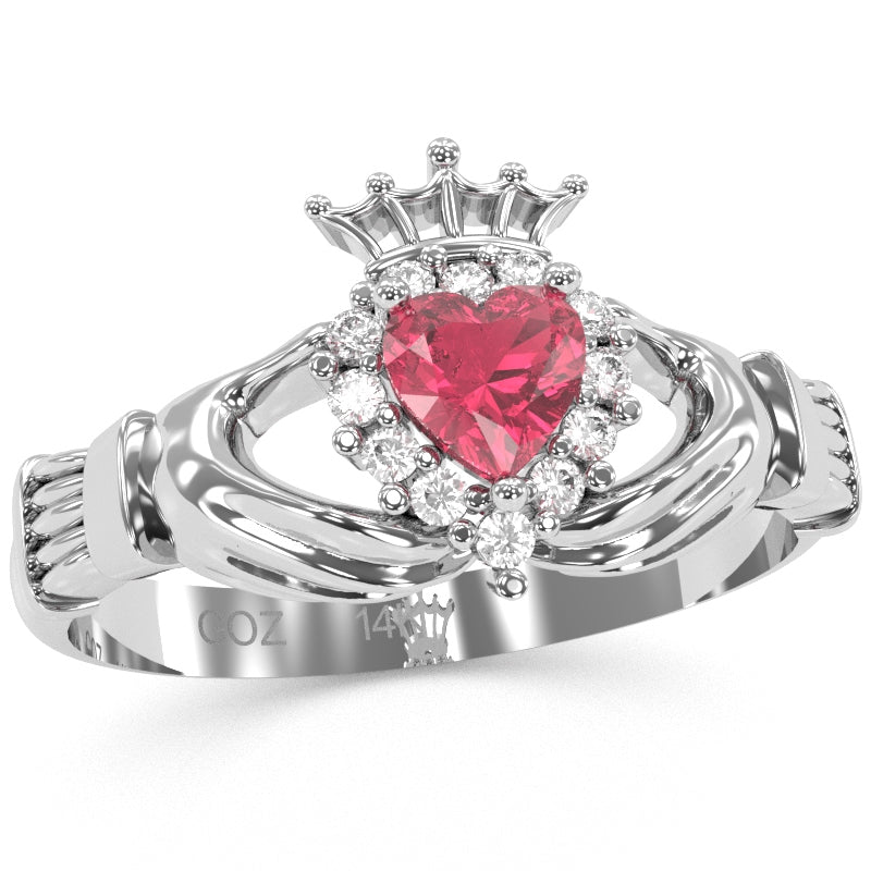 Claddagh Pink Tourmaline Diamond Ring In Solid 14k White Gold