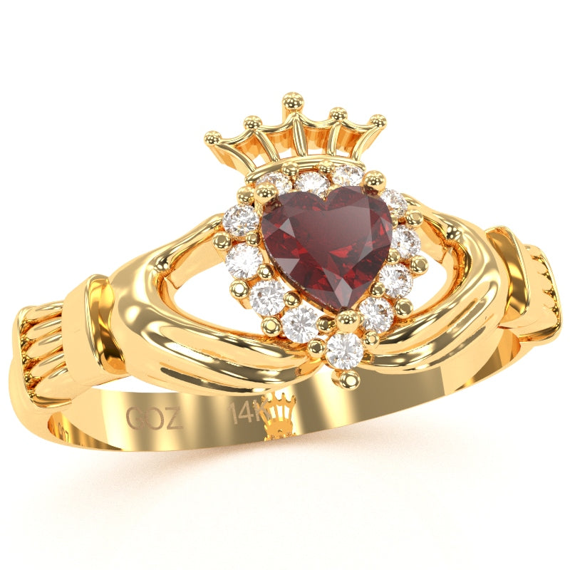 Claddagh Lab-Created Ruby Diamond Ring In Solid 14k Yellow Gold