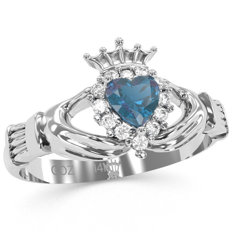 Claddagh Lab-Created Alexandrite Diamond Ring In Solid 14k White Gold