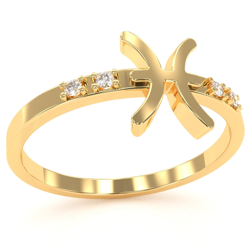 Pisces Zodiac Sign Diamond Ring In Solid 10k Yellow Gold