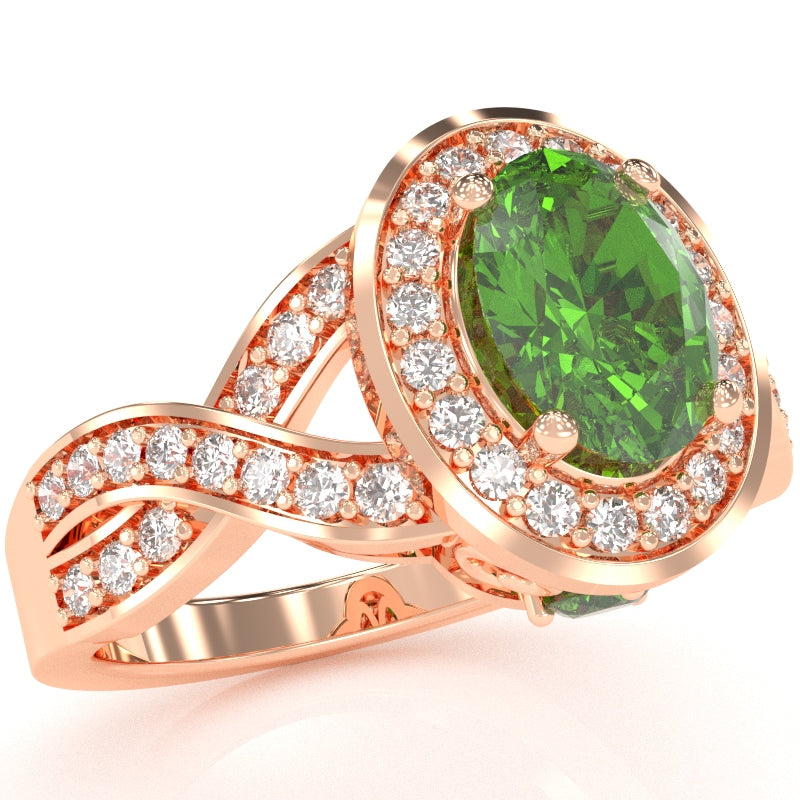 Three Stone Peridot Diamond Peekaboo Halo Engagement Ring In 14k Rose Gold