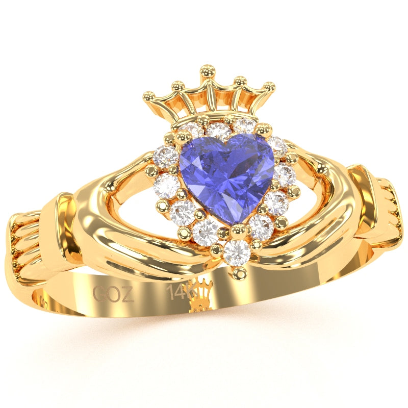 Claddagh Tanzanite Diamond Ring In Solid 14k Yellow Gold