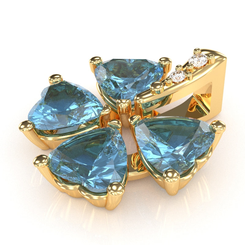 4 Leaf Clover Shamrock Blue Topaz Diamond Pendant In 14k Yellow Gold