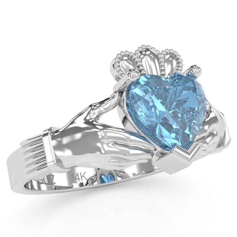 Claddagh Blue Topaz Ring In Solid 14k White Gold