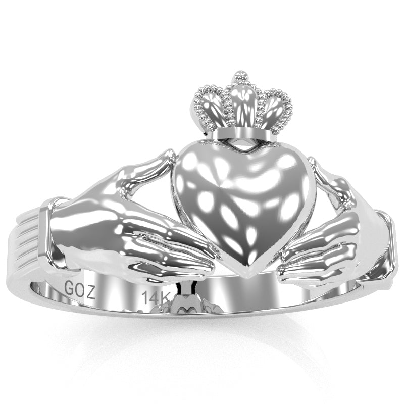 Classic Claddagh Ring Crafted In Solid 14k White Gold