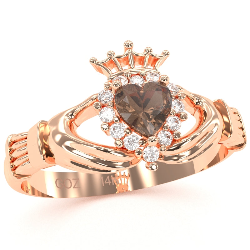 Claddagh Smoky Quartz Diamond Ring In Solid 14k Rose Gold