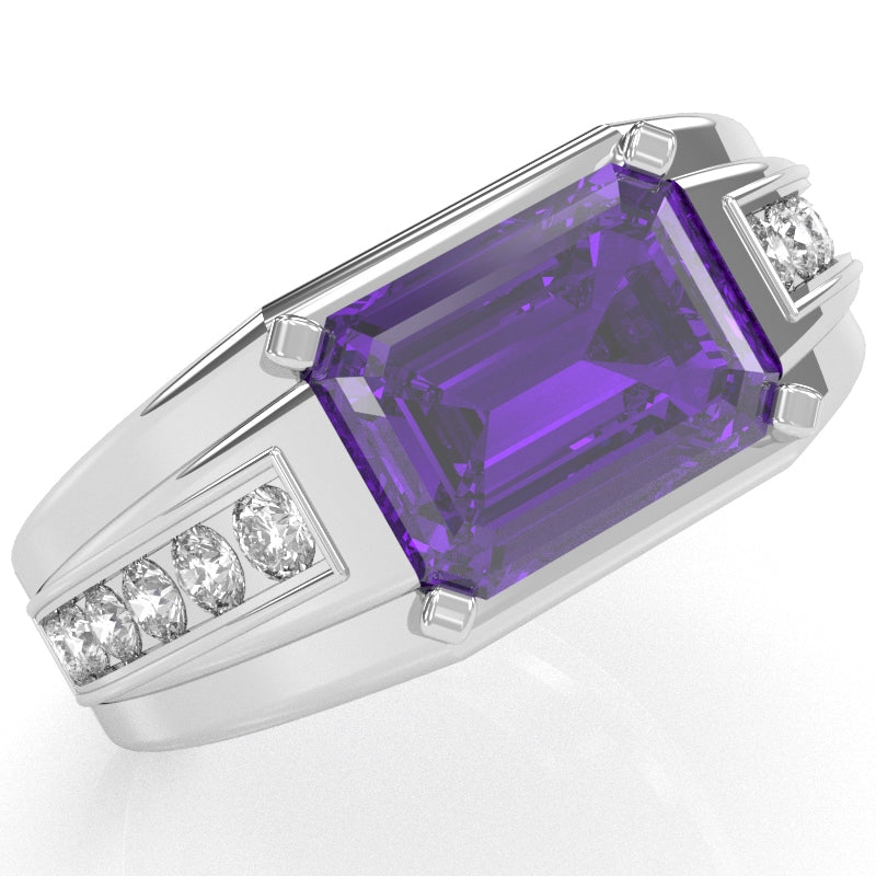Men's Amethyst Diamond Channel Ring In Solid 14k White Gold