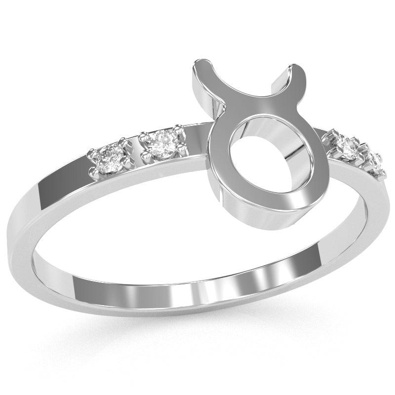 Taurus Zodiac Sign Diamond Ring In Solid 14k White Gold