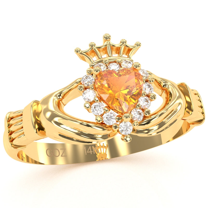 Claddagh Citrine Diamond Ring In Solid 14k Yellow Gold