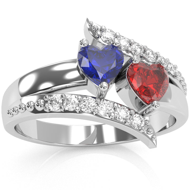 Double Heart Gemstone Diamond Promise Ring In 14k White Gold