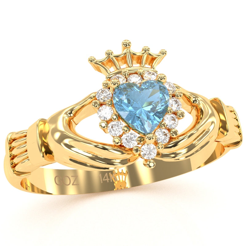 Claddagh Blue Topaz Diamond Ring In Solid 14k Yellow Gold