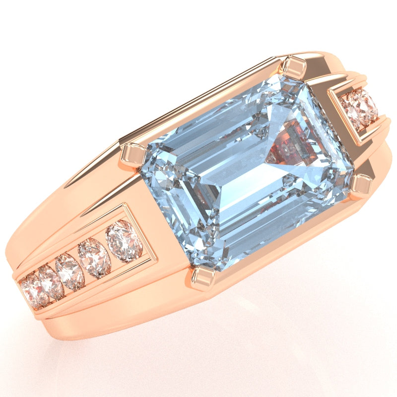 Men's Aquamarine Diamond Channel Ring In Solid 14k Rose Gold
