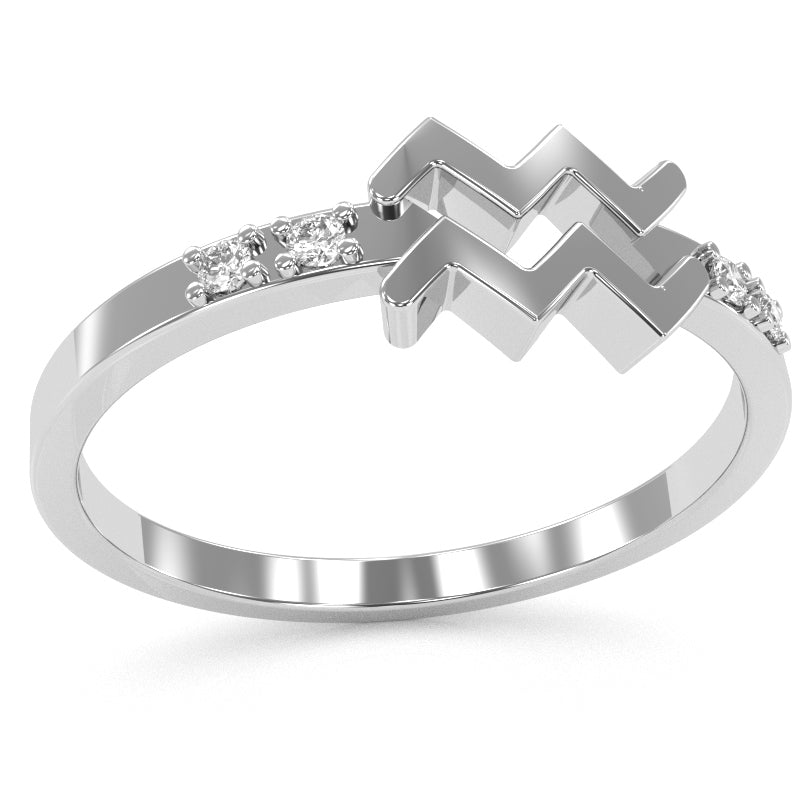 Aquarius Zodiac Sign Diamond Ring In Solid 14k White Gold
