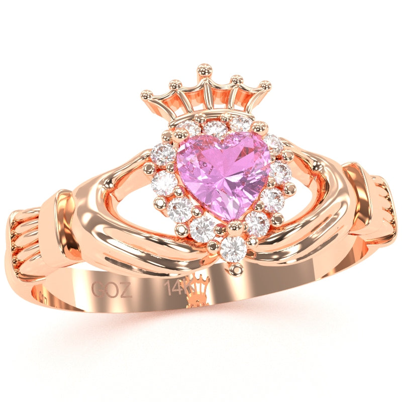 Claddagh Lab-Created Pink Sapphire Diamond Ring In Solid 14k Rose Gold