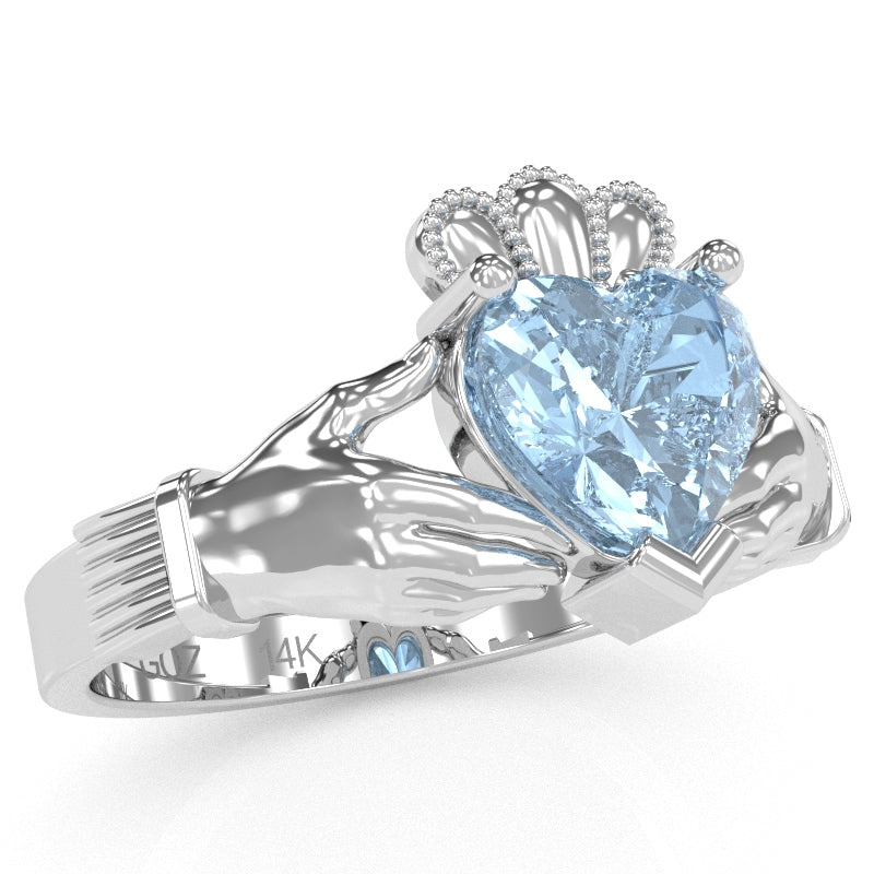 Claddagh Aquamarine Ring In Solid 14k White Gold